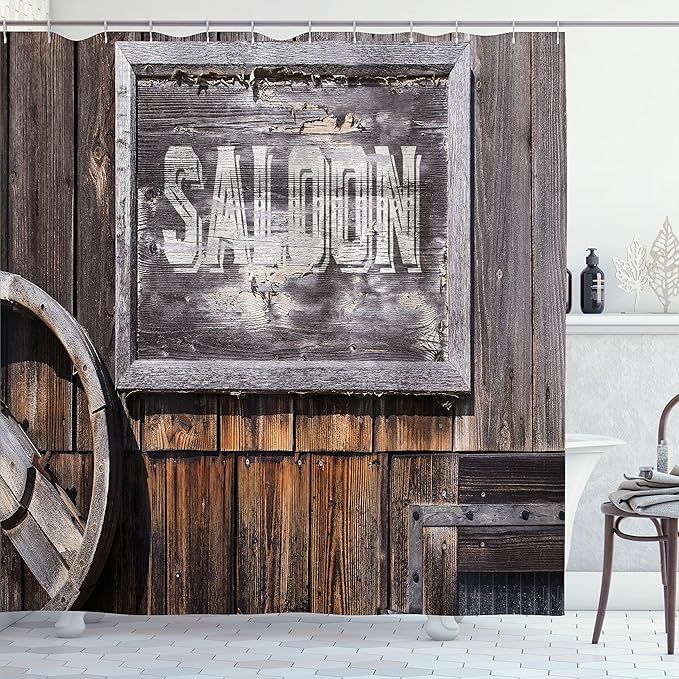 Ambesonne Western Shower Curtain, Aged Wooden Sign Word Saloon, Planks on The Background, Classic Style Art, Cloth Fabric Bathroom Decor Set with Hooks, 69" W x 70" L, Grey Brown