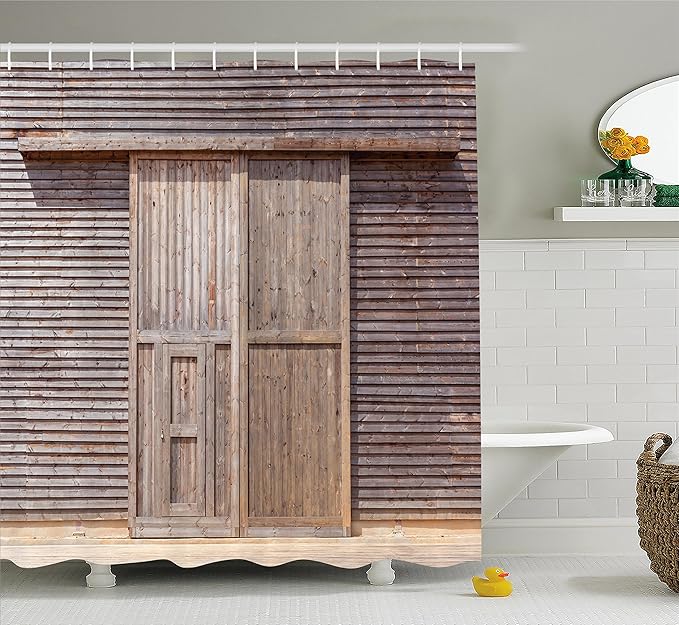 Ambesonne Industrial Shower Curtain, Old Wooden Timber Oak Barn Door Farmhouse Countryside Rural House Village Print, Cloth Fabric Bathroom Decor Set with Hooks, 69" W x 84" L, Brown