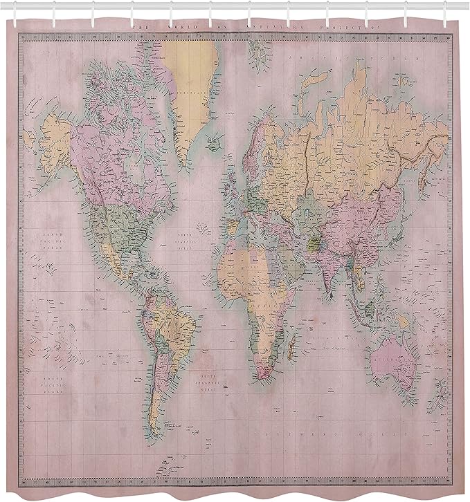 Ambesonne World Map Shower Curtain, Nostalgic Old Hand Colored Look Atlas of The Earth Anthique Chart for Old Emperors Artwork, Cloth Fabric Bathroom Decor Set with Hooks, 69" W x 75" L, Pale Yellow