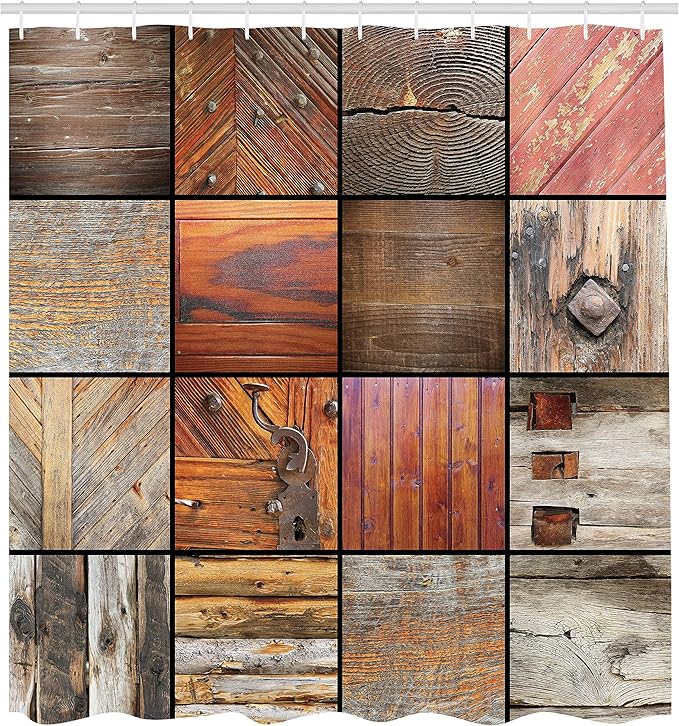 Ambesonne Antique Shower Curtain, Assortment of Different Wooden Architecture Elements Timber Door Key Print, Cloth Fabric Bathroom Decor Set with Hooks, 69" W x 84" L, Chocolate Brown