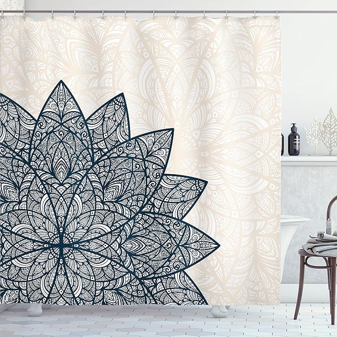 Ambesonne Ethnic Shower Curtain, Floral Mandala Middle Eastern Oriental Swirled Lines Art Print, Cloth Fabric Bathroom Decor Set with Hooks, 69" W x 75" L, Dark Sky