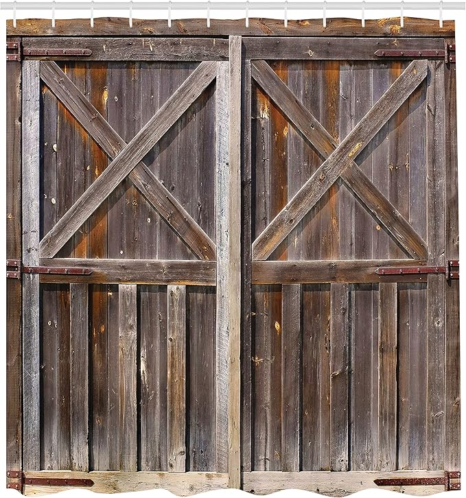 Ambesonne Rustic Shower Curtain, Old Wooden Barn Door of Farmhouse Oak Countryside Village Board Rural Life Photo Print, Cloth Fabric Bathroom Decor Set with Hooks, 75 Long, Brown