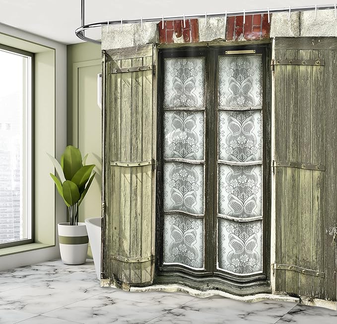 Ambesonne Country Shower Curtain, European French Window and Brick with an Antique Design Open The Shutters in a Vintage Style, Cloth Fabric Bathroom Decor Set with Hooks, 69" W x 84" L, White Brown