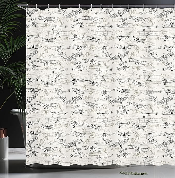 Ambesonne Airplane Shower Curtain, Old Fashioned Transportation Hand Drawn Style Vintage Pattern, Cloth Fabric Bathroom Decor Set with Hooks, 69" W x 70" L, Olive Green Tan