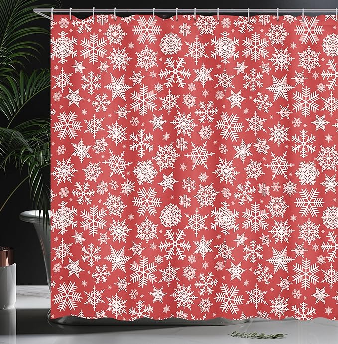 Ambesonne Red Shower Curtain, Various Different Snowflakes with Rich Details Christmas Season in Wintertime, Cloth Fabric Bathroom Decor Set with Hooks, 69" W x 70" L, White and Vermilion