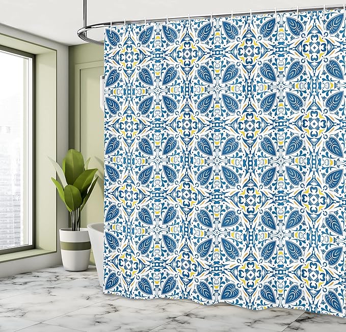 Ambesonne Yellow and Blue Shower Curtain, Portuguese Traditional Tiles Abstract Mosaic Floral Swirl Motifs, Cloth Fabric Bathroom Decor Set with Hooks, 69" W x 75" L, Orange Yellow