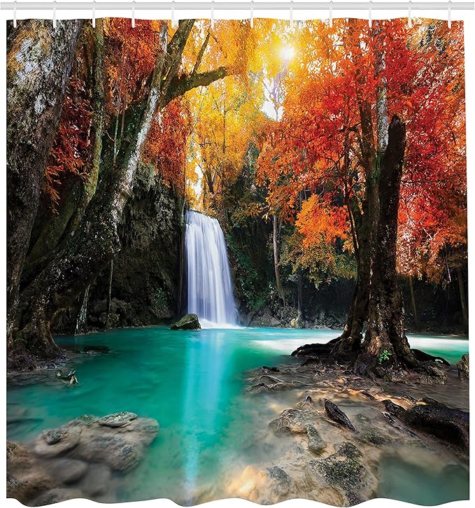 Ambesonne Waterfall Shower Curtain, Deep Forest and Waterfall Runoff Autumn Fall Seasonal Forest Print, Cloth Fabric Bathroom Decor Set with Hooks, 69" W x 75" L, Turquoise Orange