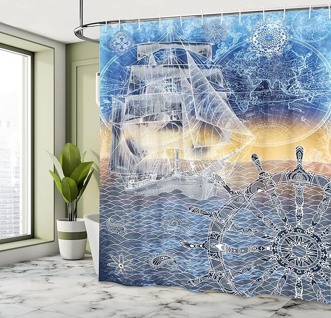 Ambesonne Mandala Shower Curtain, Nautical Print with Mandala Patterns Explorer Ship Map of The World Steering Wheel Sails, Cloth Fabric Bathroom Decor Set with Hooks, 69" W x 70" L, Blue