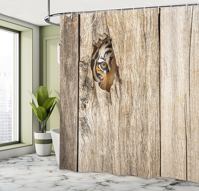 Ambesonne Savannah Shower Curtain, Siberian Tiger Eye Looking Through Wooden Peep Hole in Spy Predator Big Cat Wild Print, Cloth Fabric Bathroom Decor Set with Hooks, 69" W x 75" L, Tan