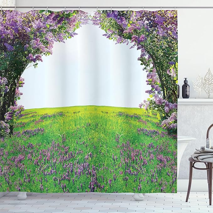 Ambesonne Magic Shower Curtain, Lavender Meadow with Lilac Flowers Tunnel Dreamy Inspirational Habitat Landscape, Cloth Fabric Bathroom Decor Set with Hooks, 69" W x 75" L, Lilac Green