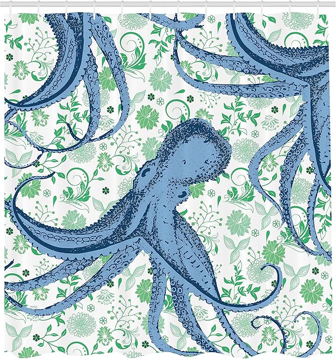 Ambesonne Nautical Shower Curtain, Sealife Sea Monster Octopus Kraken with Tentacles and Colorful Flowers, Cloth Fabric Bathroom Decor Set with Hooks, 69" W x 75" L, Mint Green