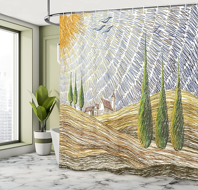 Ambesonne Italian Shower Curtain, Van Gogh Style Italy Valley Rural Fields European Scenery Painting Print, Cloth Fabric Bathroom Decor Set with Hooks, 69" W x 75" L, Lime Green Apricot Night Blue