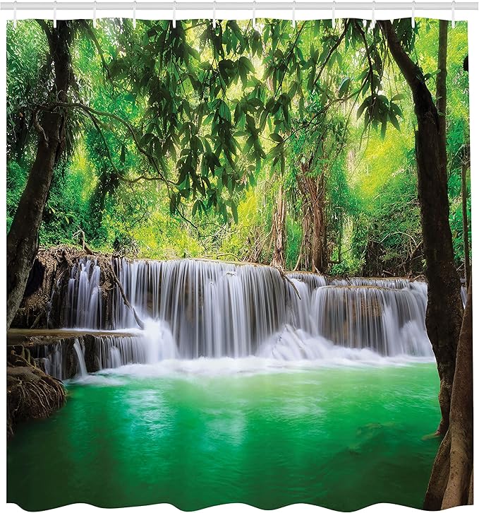 Ambesonne Waterfall Shower Curtain, Waterfall in Tropical Forest Trees Thailand Kanjanaburi Sunny Day Image, Cloth Fabric Bathroom Decor Set with Hooks, 69" W x 70" L, Green Brown