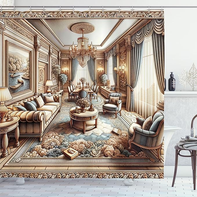 Ambesonne Classic Shower Curtain, Opulent Illustration of a Luscious Room Palatial Ornamental Rich Home Scenery, Cloth Fabric Bathroom Decor Set with Hooks, 69" W x 75" L, Ginger and Blue