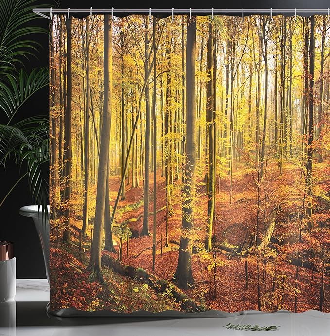 Ambesonne Forest Shower Curtain, Autumn in Brakelbos Theme Forest Fall Park Golden Yellow Sun Rays, Cloth Fabric Bathroom Decor Set with Hooks, 69" W x 70" L, Orange Yellow