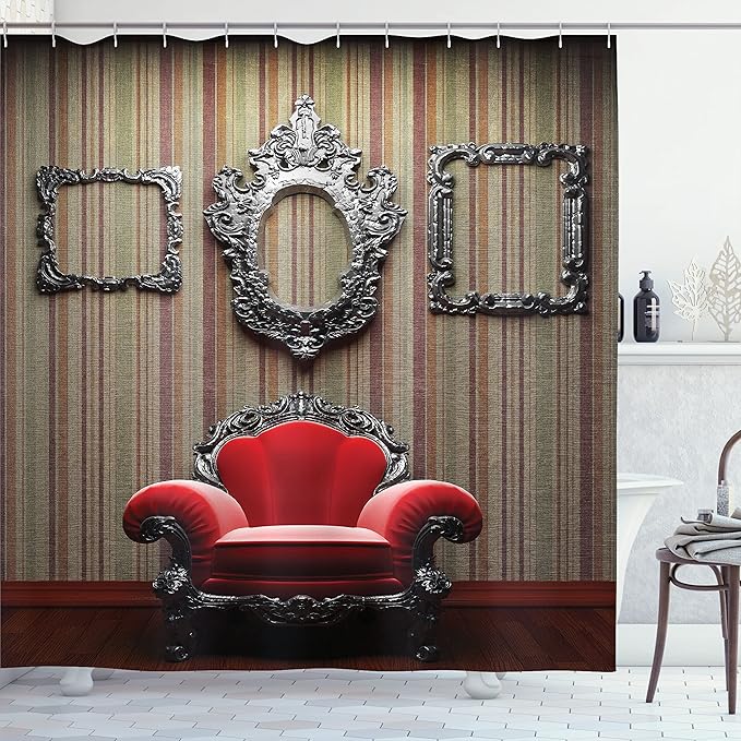 Ambesonne Antique Shower Curtain, Wall and Chair Vintage Picture Frame Vertical Striped Background Timber Floor Image, Cloth Fabric Bathroom Decor Set with Hooks, 69" W x 70" L, Red Cream