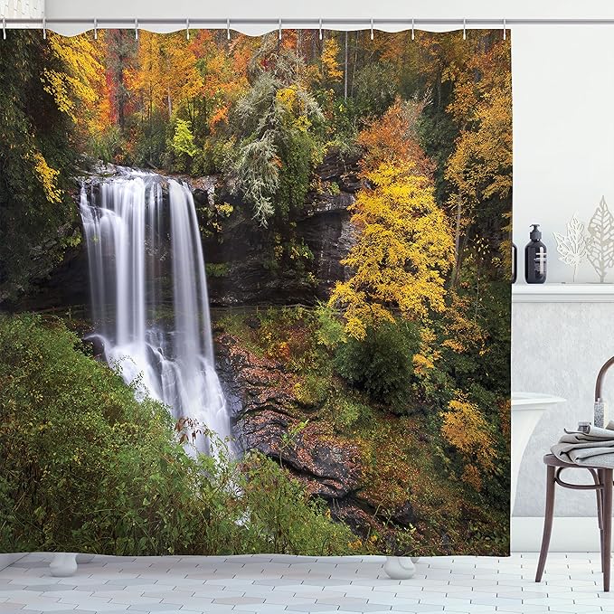 Ambesonne Waterfall Shower Curtain, Autumn Waterfalls with Trees and Pale Fall Leaves in The Forest Print, Cloth Fabric Bathroom Decor Set with Hooks, 69" W x 70" L, Green Yellow White