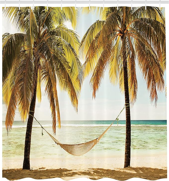 Ambesonne Beach Shower Curtain, Seascape with Hammock and Palm Trees on Shore Tropical Beach Setting Sun, Cloth Fabric Bathroom Decor Set with Hooks, 69" W x 84" L, Brown Green