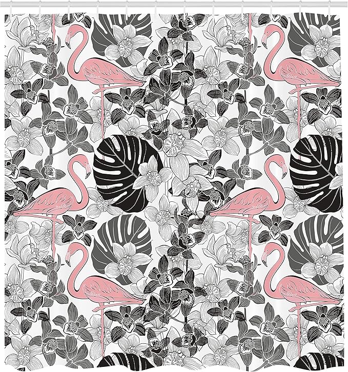 Ambesonne Flamingo Shower Curtain, Flamingos Pattern Leaves and Flowers Tropical Plants on The Background, Cloth Fabric Bathroom Decor Set with Hooks, 69" W x 70" L, Black Grey Pale Pink
