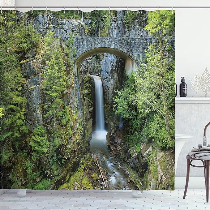 Ambesonne Mt Rainier Shower Curtain, Scenery Photo Christine Falls in Mount Rainier National Park America Picturesque, Cloth Fabric Bathroom Decor Set with Hooks, 69" W x 70" L, Sepia Green