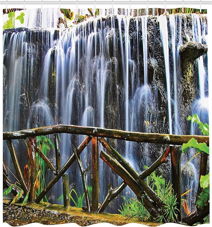 Ambesonne Waterfall Shower Curtain, Tropical Park and Falling Stream Plants Waterfall Scenery Painting Artwork, Cloth Fabric Bathroom Decor Set with Hooks, 69" W x 70" L, White and Green