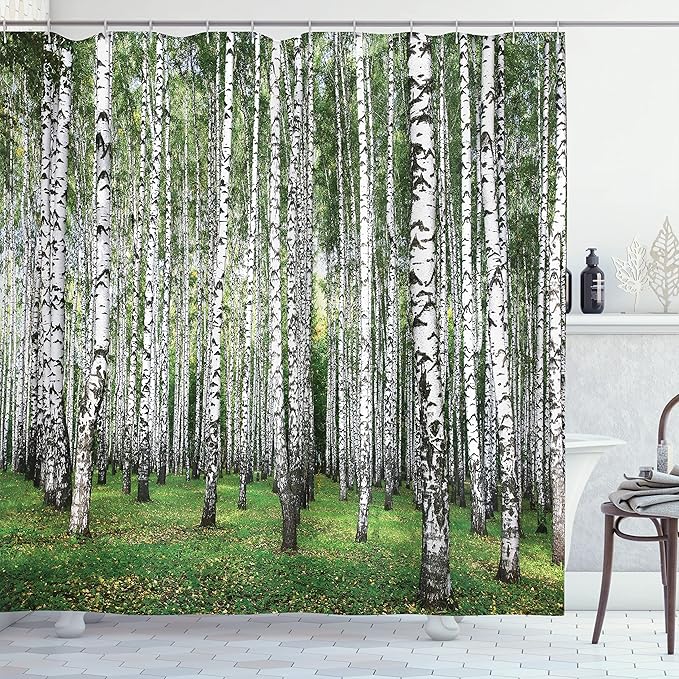 Ambesonne Landscape Shower Curtain, Autumn Trees in Birch Forest September Time View Landscape Picture, Cloth Fabric Bathroom Decor Set with Hooks, 69" W x 70" L, White and Black