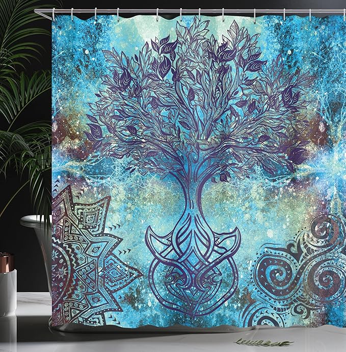 Ambesonne Ethnic Shower Curtain, Grunge Style Tree Pattern Mandala and Spiral Shapes Blurry Art, Cloth Fabric Bathroom Decor Set with Hooks, 69" W x 84" L, Turquoise Brown