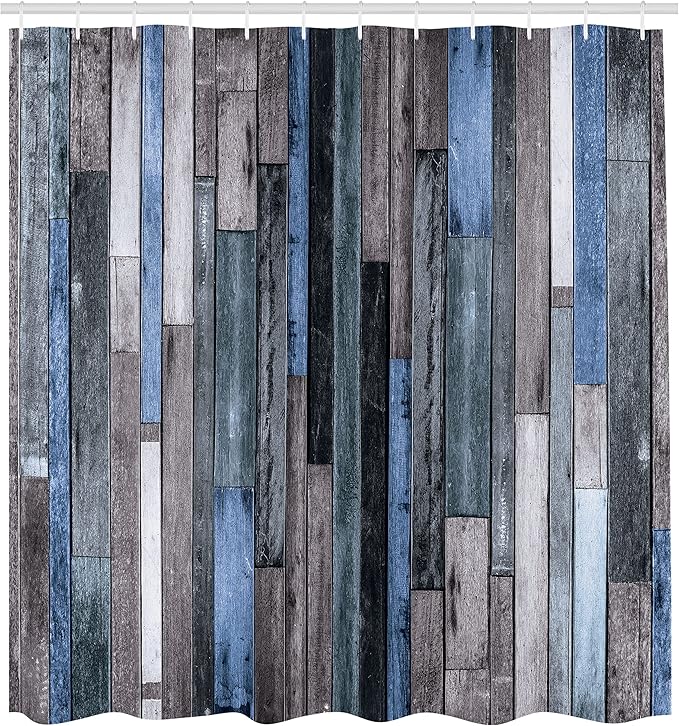 Ambesonne Wooden Print Shower Curtain, Brown Old Hardwood Floor Plank Grunge Lodge Garage Natural Rural Graphic, Cloth Fabric Bathroom Decor Set with Hooks, 69" W x 84" L, Azure Grey
