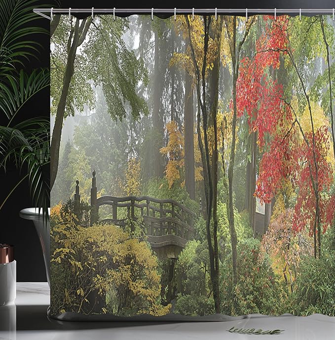 Ambesonne Landscape Shower Curtain, Wet Wooden Bridge by Portland Japanese Asian Style Garden Oregon Autumn Season Americana, Cloth Fabric Bathroom Decor Set with Hooks, 69" W x 84" L, Coffee Green