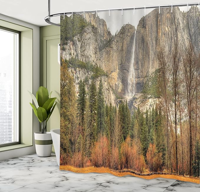 Ambesonne Yosemite Shower Curtain, Yosemite Falls Trees Mountain Cliff Autumn National Park California Nature Print, Cloth Fabric Bathroom Decor Set with Hooks, 69" W x 84" L, Orange Green