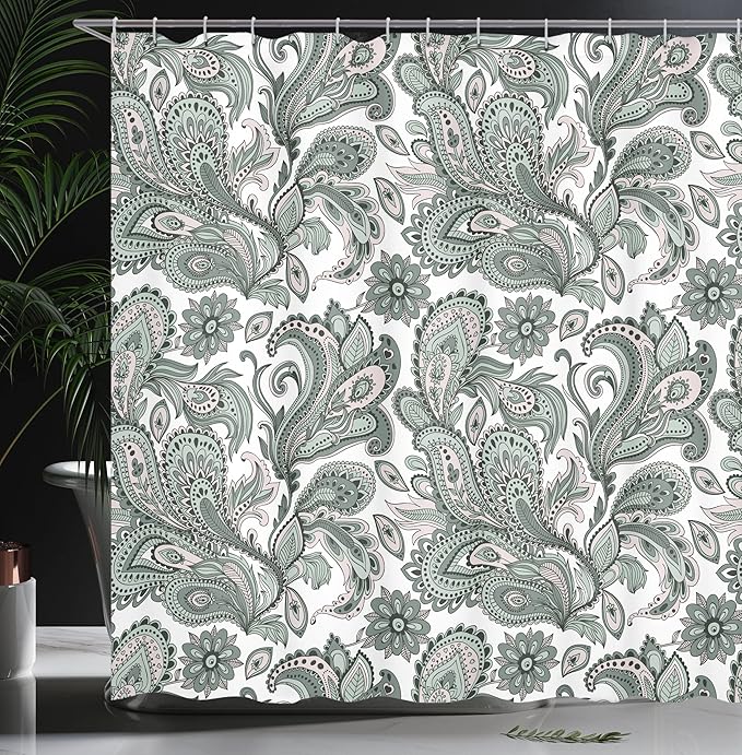 Ambesonne Paisley Shower Curtain, Ethnic Swirly Flowers Leaves Floral Pattern Bohemian Style Country Print, Cloth Fabric Bathroom Decor Set with Hooks, 69" W x 70" L, Laurel Green Blush
