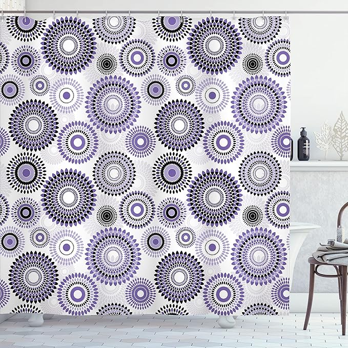 Ambesonne Floral Shower Curtain, Abstract Medallion Pattern Round Shape with Leaves Balls Floral Flowers, Cloth Fabric Bathroom Decor Set with Hooks, 69" W x 75" L, Purple White
