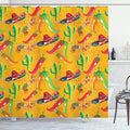 Ambesonne Mexican Shower Curtain, Elements with Cactus Hat and Chili Pepper Pattern Over Grunge Background Print, Cloth Fabric Bathroom Decor Set with Hooks, 69" W x 75" L, Dark Yellow