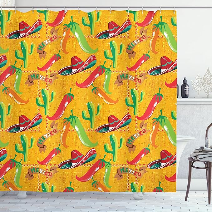Ambesonne Mexican Shower Curtain, Elements with Cactus Hat and Chili Pepper Pattern Over Grunge Background Print, Cloth Fabric Bathroom Decor Set with Hooks, 69" W x 75" L, Dark Yellow