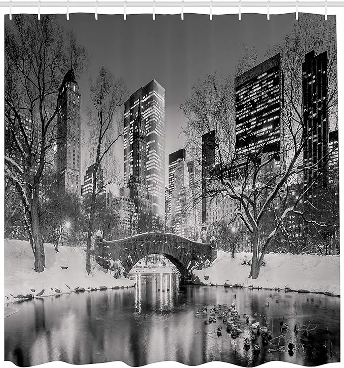 Ambesonne Cityscape Shower Curtain, Black and White Effect Monochrome New York City in Winter Central Park Snowy Buildings Photo, Cloth Fabric Bathroom Decor Set with Hooks, 69" W x 84" L, Dimgrey