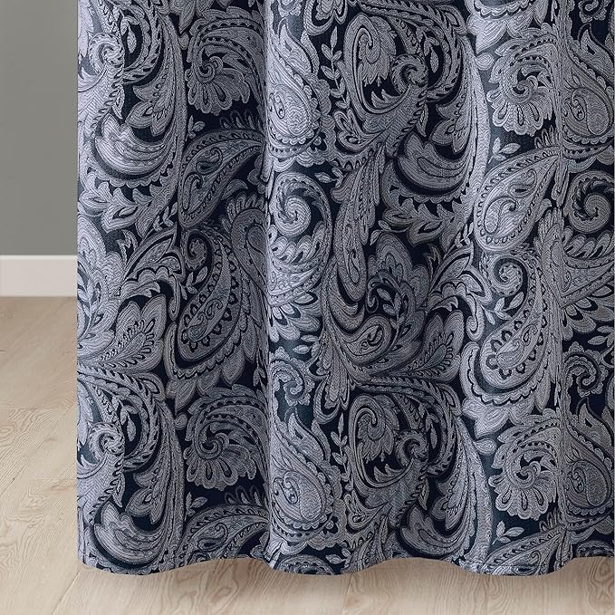 Madison Park Aubrey Shower Curtain Paisley Jacquard Pieced Microfiber Faux Silk Modern Home Bathroom Decorations Bathtub Privacy Screen, Decorative Bathroom, 72" x 72", Navy