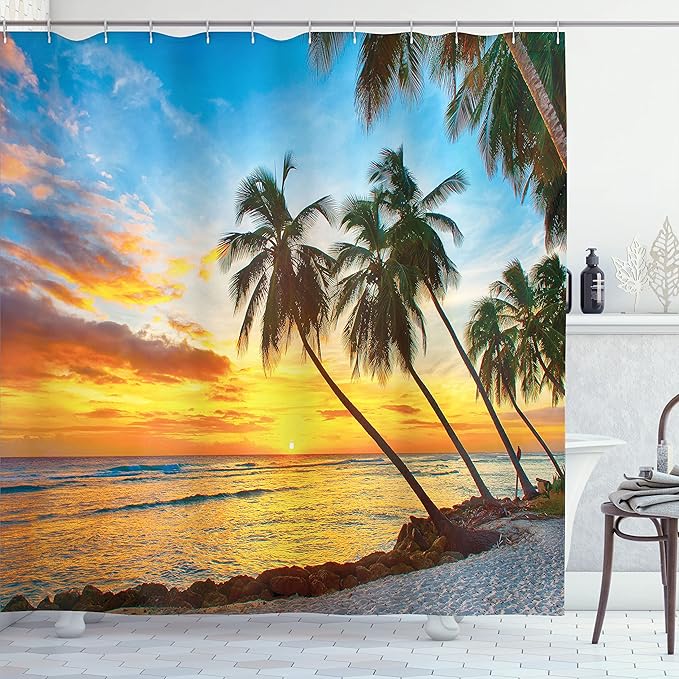 Ambesonne Ocean Shower Curtain, Sunset Over Sea The Palms on The Beach at a Caribbean Island in Barbados, Cloth Fabric Bathroom Decor Set with Hooks, 69" W x 84" L, Sunset Sea Blue