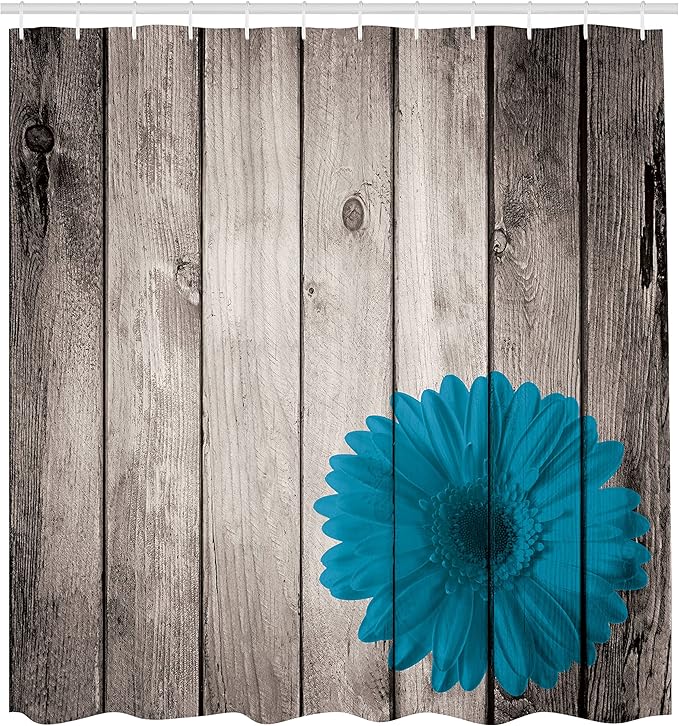 Ambesonne Rustic Shower Curtain, Flower Red Dahlia on Foreground of Murky Featured Dated Wooden Board Retro Art Print, Cloth Fabric Bathroom Decor Set with Hooks, 69" W x 75" L, Sea Blue