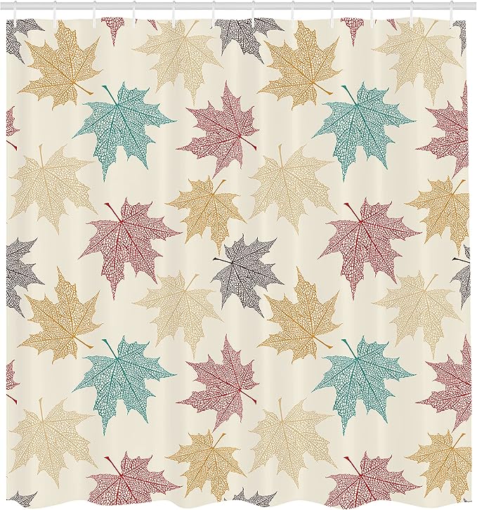 Ambesonne Leaf Shower Curtain, Pattern Colored Maple Leaves Seasonal Nature Inspired Ecology Artwork Print, Cloth Fabric Bathroom Decor Set with Hooks, 69" W x 70" L, Burgundy Teal Beige