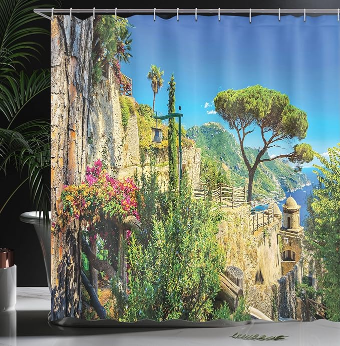 Ambesonne Scenery Shower Curtain, Mediterranean Stone Made Village with Trees Blossoms Flower Mountain and Sea, Cloth Fabric Bathroom Decor Set with Hooks, 69" W x 75" L, Multicolor Sky Blue