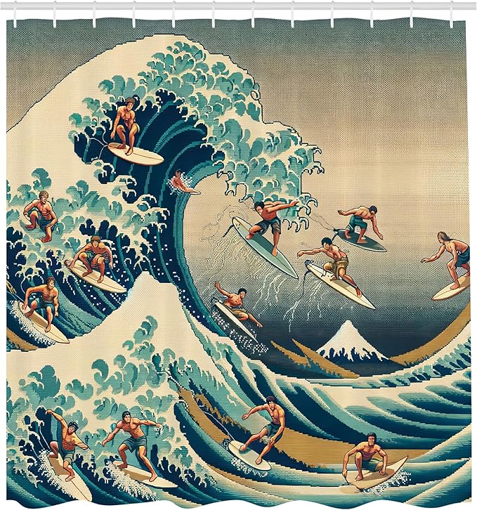Ambesonne Japanese Wave Shower Curtain, Surfers on Classic Asian Artwork Style with Recreation of Ukiyo-e, Cloth Fabric Bathroom Decor Set with Hooks, 69" W x 70" L, Seafoam Blue Eggshell