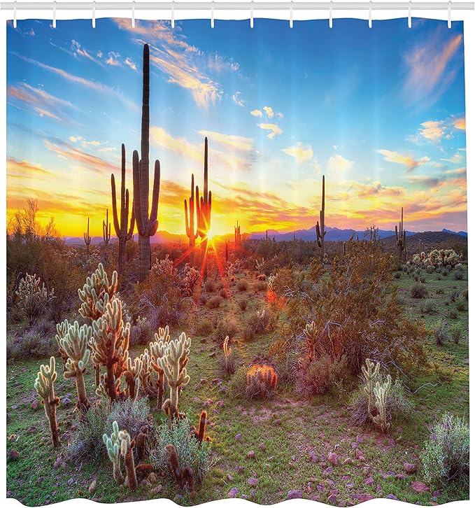 Ambesonne Saguaro Shower Curtain, Sun is Setting Between Saguaros Wildflowers in The Sonoran Desert Scene Picture, Cloth Fabric Bathroom Decor Set with Hooks, 69" W x 75" L, Aqua Green
