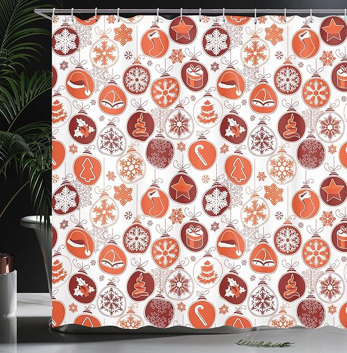 Ambesonne Christmas Shower Curtain, Classical Themed Old Fashioned Celebration Carols Winter Design Patterns, Cloth Fabric Bathroom Decor Set with Hooks, 69" W x 70" L, White Vermilion