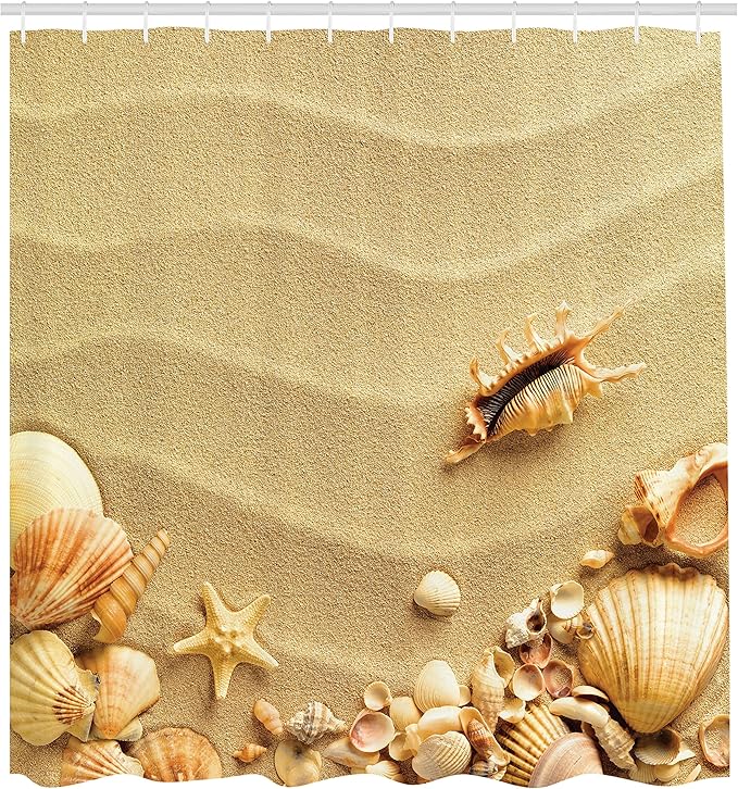 Ambesonne Seashells Shower Curtain, Seashells on Sandy Beach Starfish Summer Travel Destination Sand Shells Nature, Cloth Fabric Bathroom Decor Set with Hooks, 69" W x 84" L, Brown