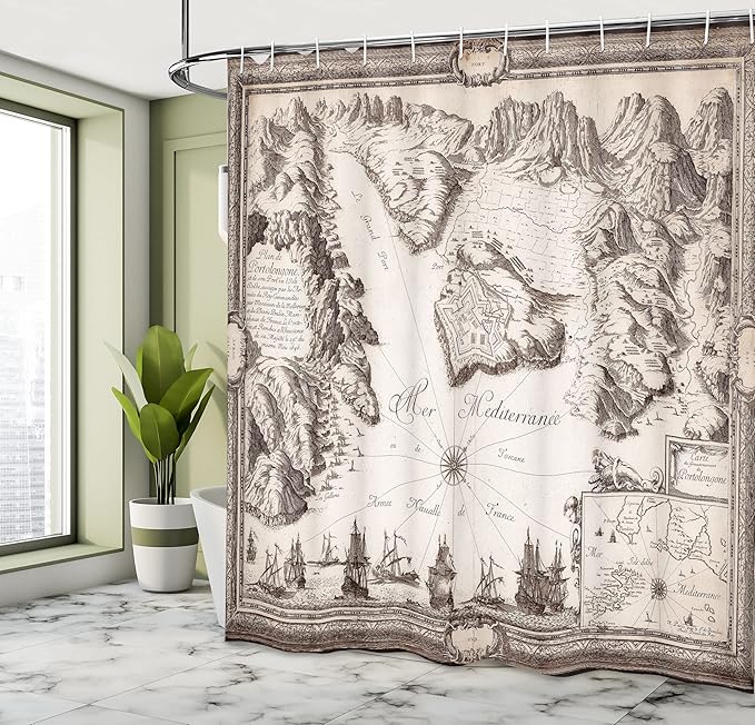 Ambesonne Map Print Shower Curtain, Old Map Warships Countries Kingdoms Locations Geographical Art Retro Design, Cloth Fabric Bathroom Decor Set with Hooks, 69" W x 75" L, Beige and Brown