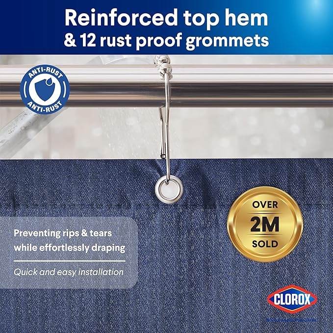 Clorox 2-in-1 Bathroom Shower Curtain Liner, Durable Fabric, Weighted Magnets for Bath Water Control, Washable Premium Quality, Modern - 72" x 72" Blue