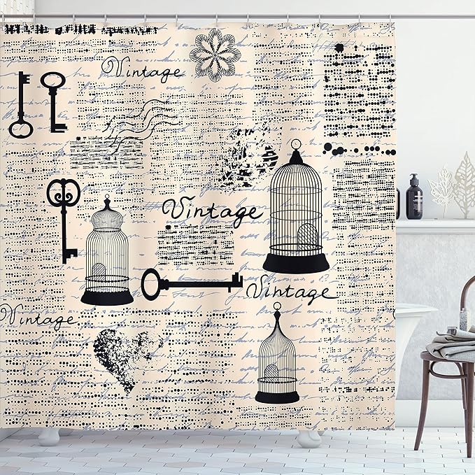 Ambesonne Old Newspaper Shower Curtain, Bird Cages Grunge Retro Pattern Keys Heart Shapes and Flower, Cloth Fabric Bathroom Decor Set with Hooks, 69" W x 75" L, Pale Blue Black Cream