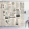 Ambesonne Old Newspaper Shower Curtain, Bird Cages Grunge Retro Pattern Keys Heart Shapes and Flower, Cloth Fabric Bathroom Decor Set with Hooks, 69" W x 75" L, Pale Blue Black Cream