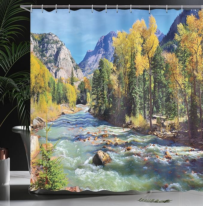 Ambesonne Landscape Shower Curtain, Mountains of Colorado with Forest and River Summer Foliage Idyllic Photo, Cloth Fabric Bathroom Decor Set with Hooks, 69" W x 84" L, Mustard Green Blue