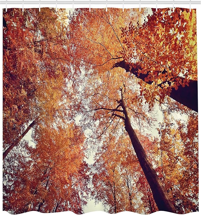 Ambesonne Forest Shower Curtain, Forest with Deciduous Trees Shedding Leaf Shady Toned Flora Scenery Photo Art, Cloth Fabric Bathroom Decor Set with Hooks, 69" W x 70" L, Orange